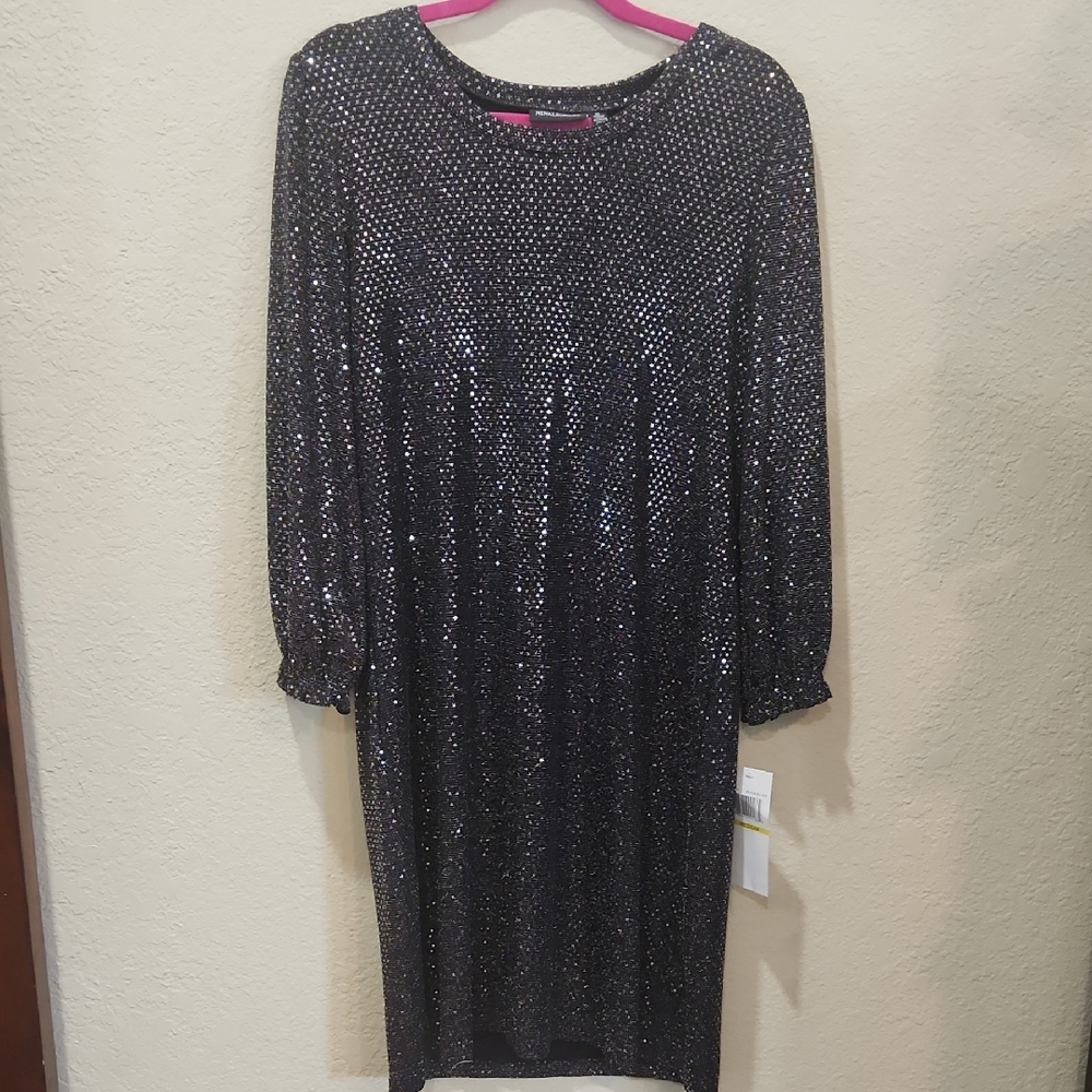 Nina Leonard Black Sequin Long Sleeve Shift Dress